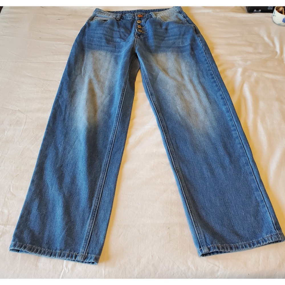 Vtg Y2K Wide Leg Jeans Medium Wash Button Fly High Rise Denim Pants Size M